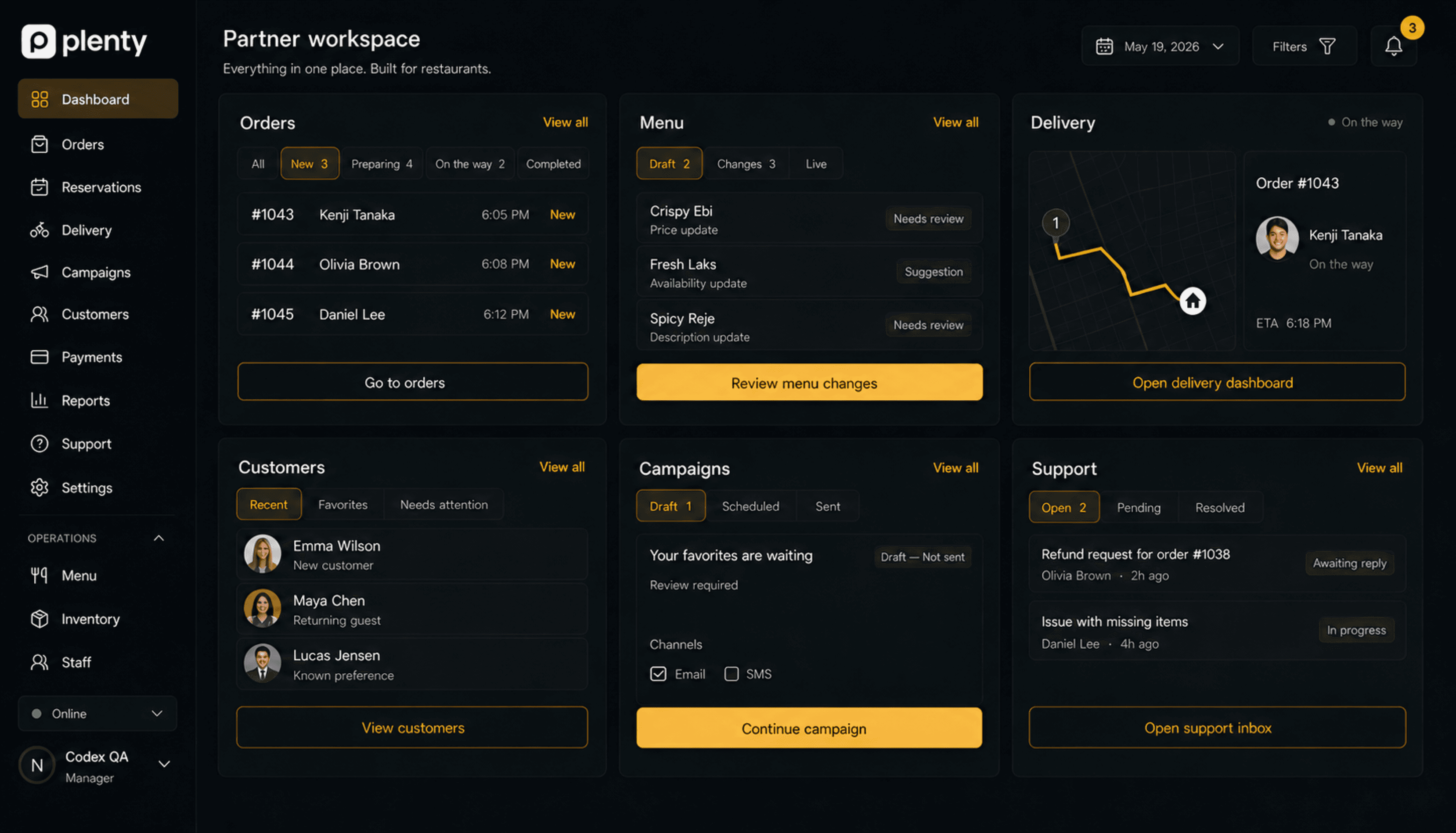 Plenty Partner workspace connecting orders, menu, delivery, customers, campaigns and support
